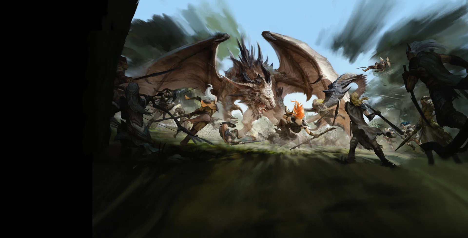 Manticore illustration — heroes battling a winged beast